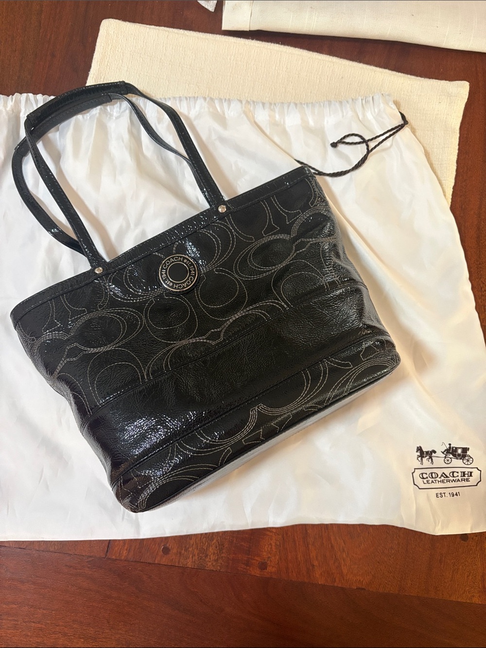 Coach Black Patent Signature Tote with Logo Medallion